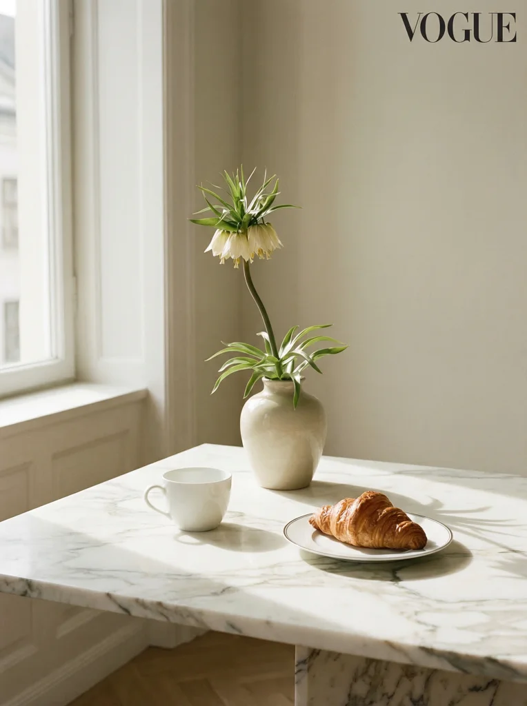 High fashion editorial photography of a chic minimalist spring brunch. A single elegant coffee cup, a flaky croissant on a designer plate, and one sculptural wild spring flower on a clean marble surface. Vogue magazine aesthetic, dramatic soft lighting, abundant negative space, sophisticated, modern, luxurious.